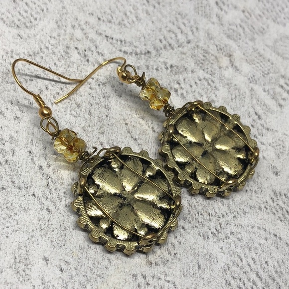 Upcycled artisan dazzling flower earrings formal dressy dangle drop statement. - Picture 3 of 5